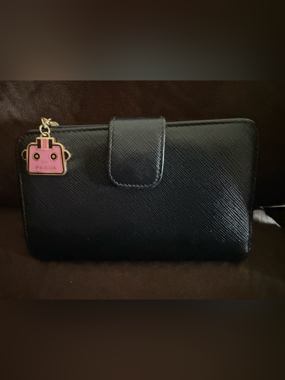 Prada Pink Robot Charm Black Saffiano Leather Zip-Around Compact Wallet